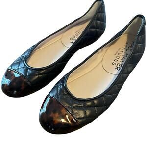 PAUL MAYER ATTITUDES BALLET FLAT 6B BLACK QUILTED LEATHER PATENT CAP TOE LEOPARD